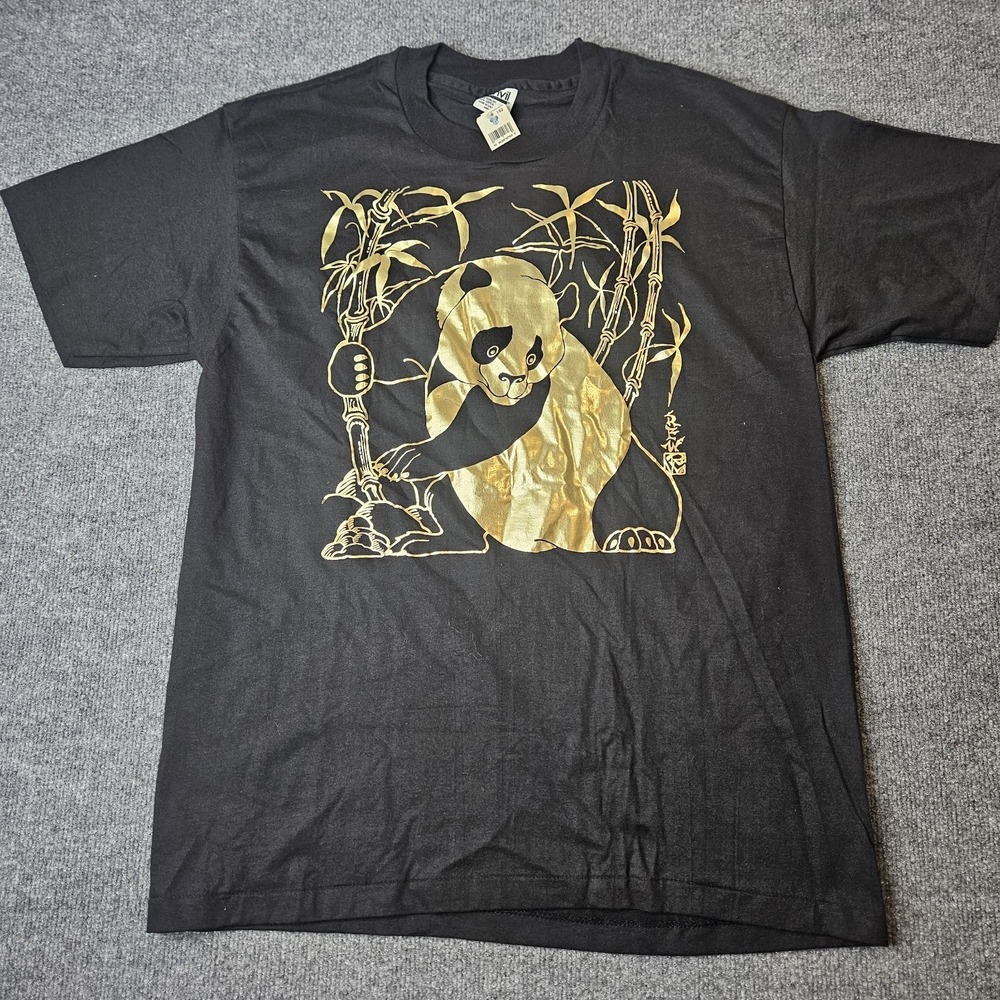 Vintage‎ Single Stitch Panda Tshirt Gold Foil Graphic Print Anvil Size Xl Black